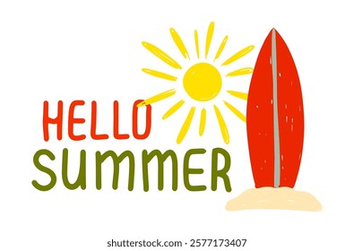 Summer banner Hello summer with surfboard and sun vector illustration