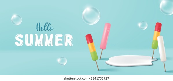 Summer banner with ice pop and bubble on blue background. Vector illustration for banner, poster, flyer, sale, invitation, discount.