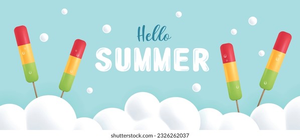 Pancarta de verano con hielo pop y nube en fondo azul. Ilustración vectorial para banner, afiche, volante, venta, invitación, descuento.