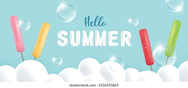 Summer banner with ice pop, cloud and bubble on blue background. Vector illustration for banner, poster, flyer, sale, invitation, discount.