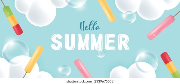 Summer banner with ice pop, cloud and bubble on blue background. Vector illustration for banner, poster, flyer, sale, invitation, discount.