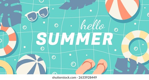 Summer banner with illustration of swimming pool top view with blue water, beach ball, swimming ring, sunglasses and beach slippers in flat style. Vector background for discount, promotion, sale.