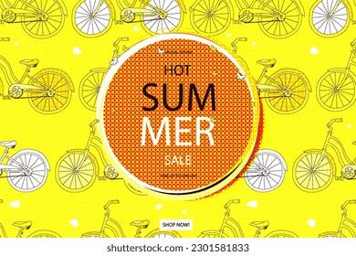 Summer banner with the inscription Hello Spring and pink shoes on the background of seamless texture of green leaves of various shades. Vector illustration