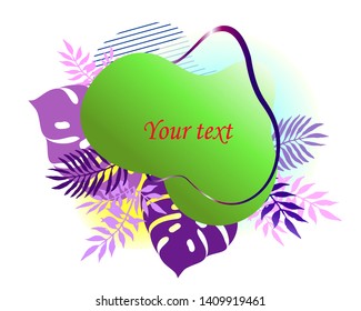Summer banner inside a liquid form a green background with tropical leaves and other objects