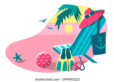 Summer banner isolated on a white background. Includes deck chair, beach umbrella, goggles, ball, flippers and goggles for scuba diving. Sunset on the beach, tourism. Cartoon design. Vector.