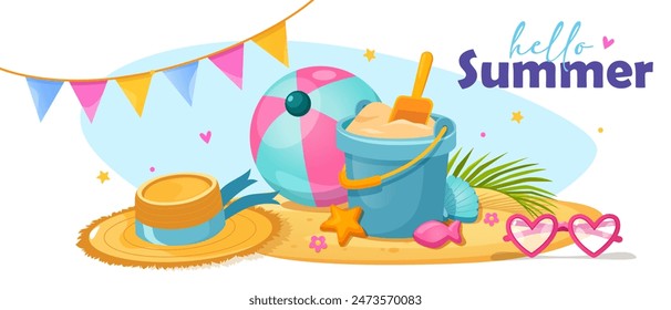 Summer banner with kids beaches toys, inflatable pool ball, summer hat, garland and sunglasses.