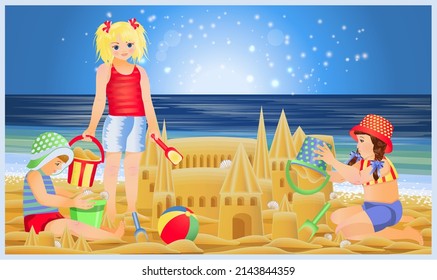 Summer banner, little boys and girls building sandcastles on the beach. vector illustration	