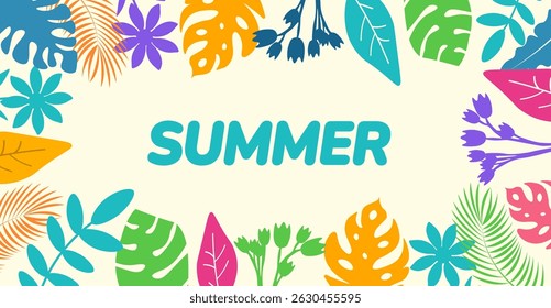 Summer Banner with Lush Tropical Leaves and Vibrant Foliage. Colorful Design Featuring Exotic Plants for a Bright Seasonal Background or banner Decoration.