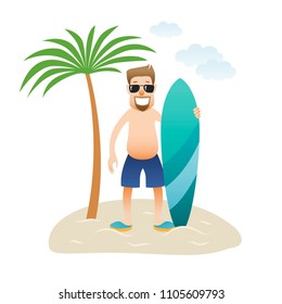 Summer banner man on the beach is standing under palm tree isolated. Caucasian happy man in glasses and shorts with surfboard. Vector illustration