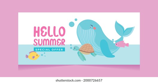 summer banner with marine animals into sea. cartoon. vector illustration