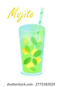 Summer banner Mojito, cool mint lime fresh drink, mesh gradient background with soft aura, vector.