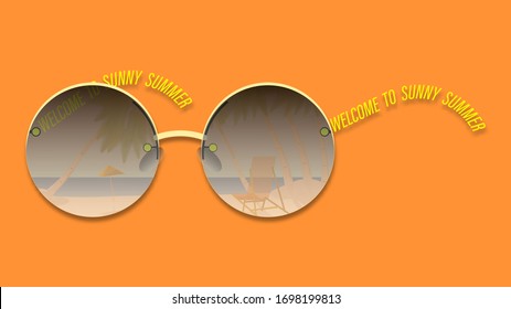 Summer banner on an orange background. Sunglasses with reflection of the coast by the sea or ocean with palm trees