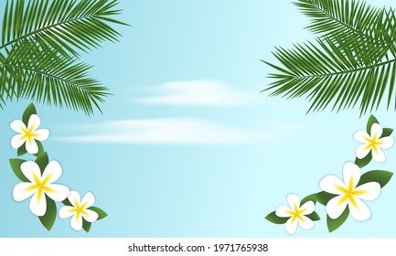 Summer banner on sky background, realistic tropical leaves and flowers, vector