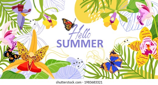Summer banner with orchid flowers, banana flower, butterfly and tropical leaves. Beautiful colorful background with tropical illustration. Ideal for web, card, poster, cover, invitation, brochure.