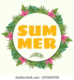 Summer banner ot poster with tropical plants and flowers. Vector illustration