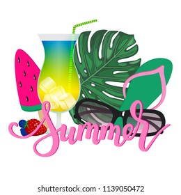 Summer banner with palm leaf, cocktail, ice cream, sunglasses, flip-flops, strawberry, lettering summer, bounce calligraphy hand written, bright composition vibrant color, for web design or print.