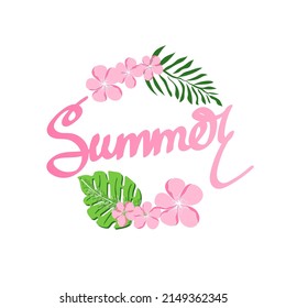 Summer banner, palm leaf poster, jungle leaf, monsters, exotic flowers and handwriting. Vector is hand-drawn in doodle style. Floral tropical summer emblem. Vector illustration.