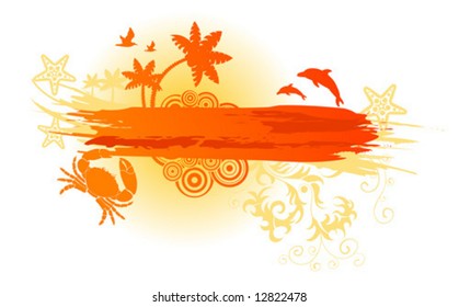 Summer banner with palm tree, dolphin, crab, starfish, vector illustration