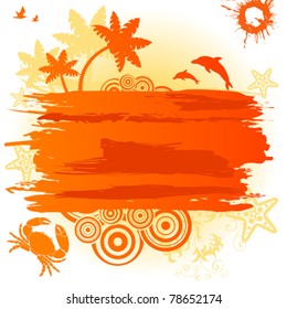 Summer banner with palm tree, dolphin, crab, starfish, vector illustration
