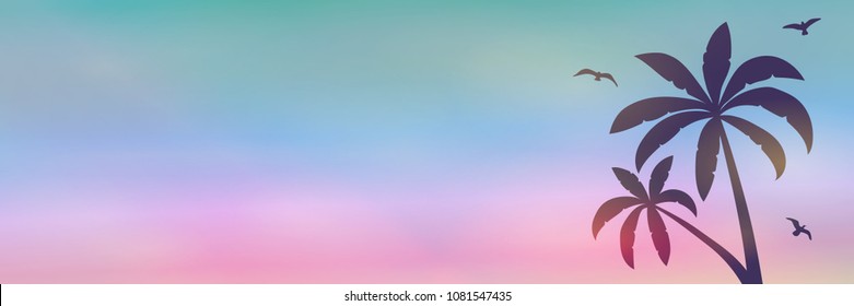 Summer banner with palms, colourful sky and copyspace. Vector.