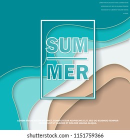 Summer banner with paper cut frame on blue sea and beach summer background. Paper cut style. Banner, flyer, poster or web site design. Vector illustration EPS10