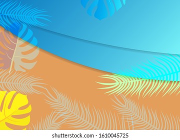 Summer banner with paper cut frame on blue sea and beach summer background with curve paper waves and seacoast for banner, flyer, poster or web site design. Paper cut style, vector illustration