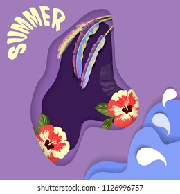 Summer banner with paper cut tropical plants and waves. Vector illustration.