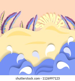 Summer banner with paper cut  tropical plants, beach and waves. Vector illustration.