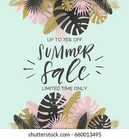 Summer banner with paper tropical leaf. Vector illustration.