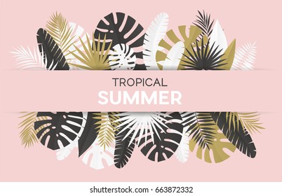 Summer banner with paper tropical leaf. Vector illustration