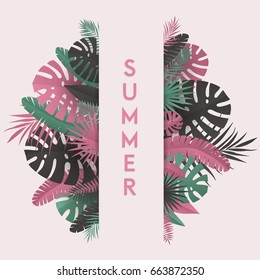 Summer banner with paper tropical leaf. Vector illustration.