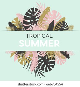 Summer banner with paper tropical leaf. Vector illustration