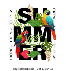 Summer banner. Parrots with tropical plants in flat style. Summer tropics.