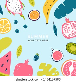 Summer banner with pieces of ripe fruit and berries isolated on blue background. Vector illustration.