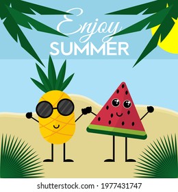 summer banner with pineapples and watermelons on the beach. sea, sun, palm trees. enjoy the summer