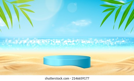 Summer banner with podium. Sea coast with 3d podium, sunny sky and clouds. Beautiful summer scene with blue sky, clouds and tropical plants. Vector 3d ad illustration for promotion of summer goods.