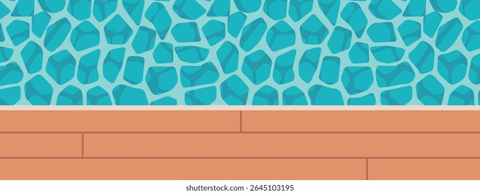 summer banner: pool with wooden deck; perfect for vacation promotions, resort ads, seasonal sales, or tropical-themed designs; vector illustration
