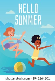 Summer banner or poster with children jumping in water, flat vector illustration.