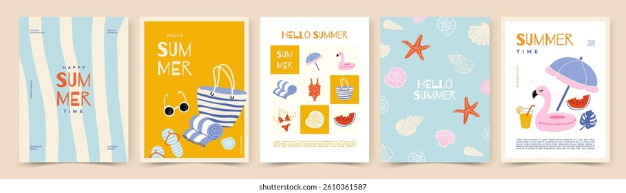 Summer banner, poster, cover, card set with cute beach and vacation hand drawn doodle elements. Vector design template for sale, discount, branding, social media ads, promo, greetings.