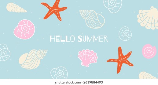 Summer banner, poster, cover, card with cute beach and vacation hand drawn doodle elements. Vector design template for sale, discount, branding, social media ads, promo, festivals, holiday greetings.