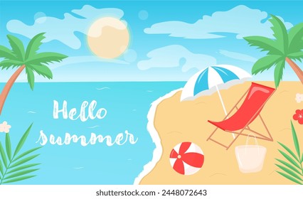 Summer banner poster flyer with beach, sea, palm trees. Vector illustration for travel agency, resort