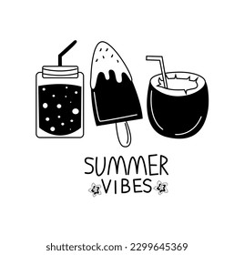 summer banner poster with lettering. black and white banner of summer and holiday. summer, vacation, fruits, drinks