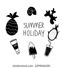 summer banner poster with lettering. black and white banner of summer and holiday. summer, vacation, fruits, drinks