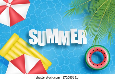 Summer banner or poster. Swimming pool with palm, umbrella, inflatable rubber bed, swim ring.