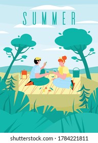 Pancarta de verano o plantilla de afiche con escena romántica de picnic junto a la playa, ilustración vectorial de dibujos animados planos. El fondo de la tarjeta de paisaje tropical a orillas del mar de verano.