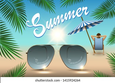 Summer banner for promoting sale, relaxing on the beach, sunglasses, palm tree leaves chaise longue and sunbathing tourist against the background of the ocean. Vector illustration.