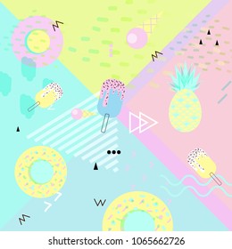 Summer banner. Punchy pastel. Trendy texture. Season vocation, weekend, holiday logo. Summer vector . Fashionable styling. pineapple, circles,, and ice cream.