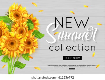Summer banner with realistic sunflower for online shopping, advertising actions, magazines and websites. Vector illustration.