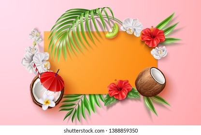 Summer banner with realistic tropical flowers, leaves and fruits. Vector hibiscus, white orchid and coconut cocktails on orange frame background. Holiday party, summer vacation design.