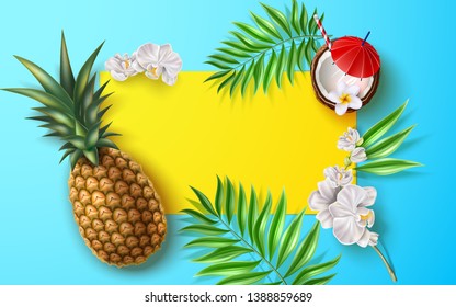 Summer banner with realistic tropical flowers, leaves and fruits. Vector white orchid and juicy pineapple, coconut cocktail on blue frame background. Holiday party, summer vacation design.